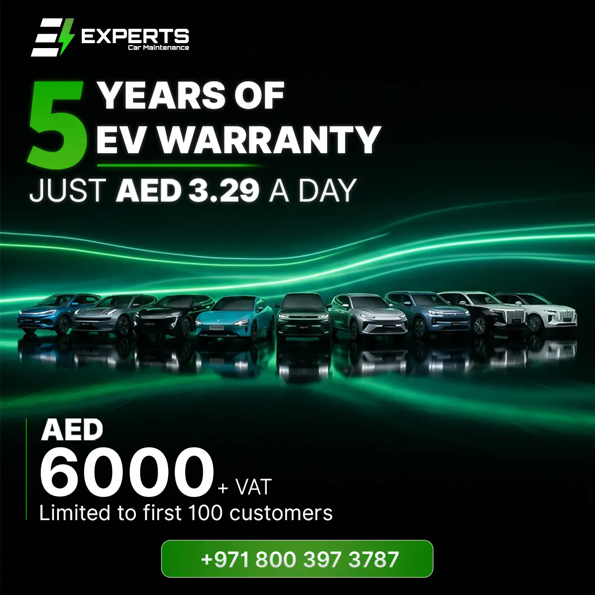 Experts Car Maintenance: 5 years of EV warranty for AED 6000 plus VAT, call +971 800 397 3787