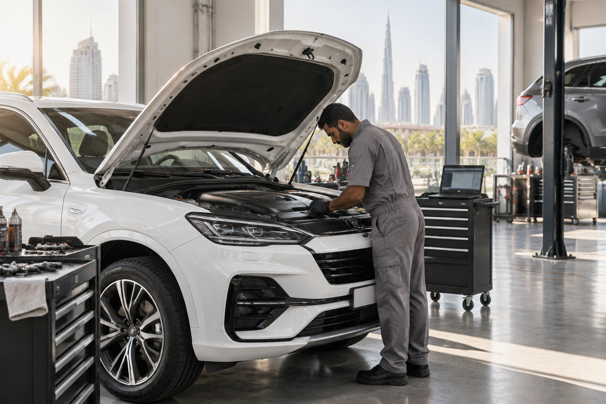 A technician inspecting a car in a UAE workshop