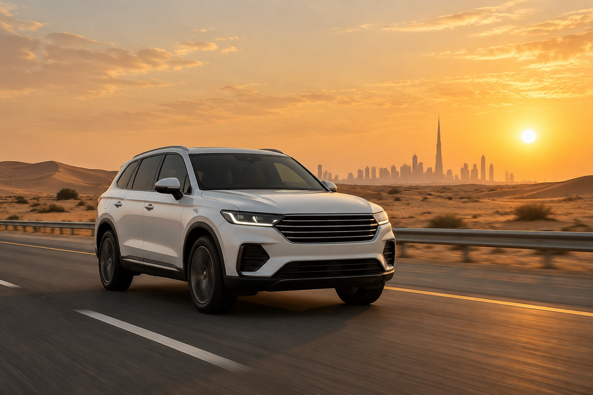 SUV with strong resale value driving on a UAE desert highway